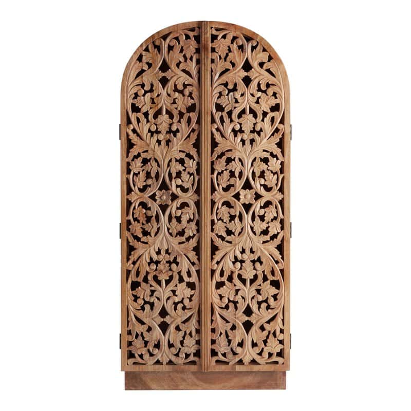 Arched Natural Carved Wood Floral Storage Cabinet
